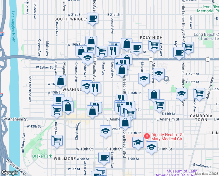 map of restaurants, bars, coffee shops, grocery stores, and more near 1532 Locust Avenue in Long Beach