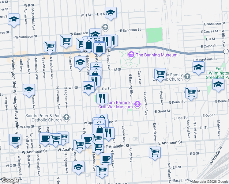 map of restaurants, bars, coffee shops, grocery stores, and more near 1152 Broad Avenue in Wilmington