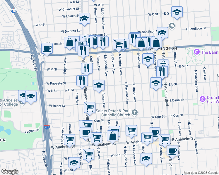 map of restaurants, bars, coffee shops, grocery stores, and more near 1147 Bay View Avenue in Los Angeles