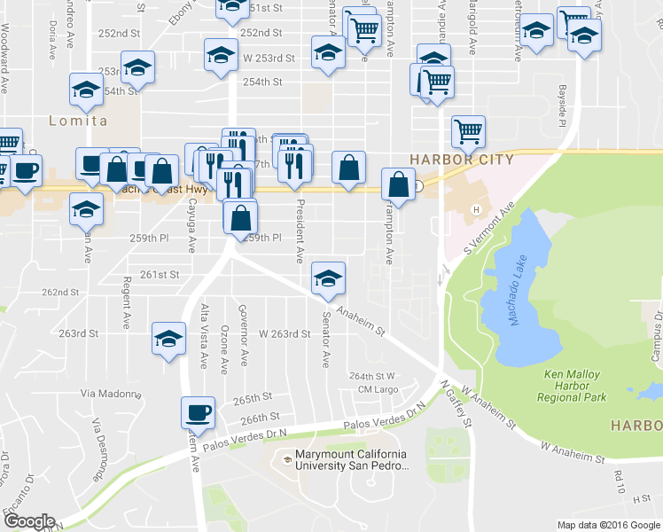 map of restaurants, bars, coffee shops, grocery stores, and more near 1537 261st Street in Los Angeles