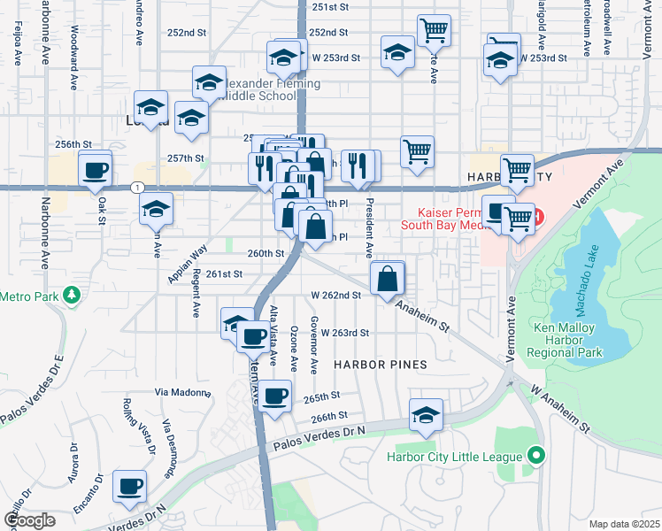 map of restaurants, bars, coffee shops, grocery stores, and more near 1666 West 261st Street in Los Angeles