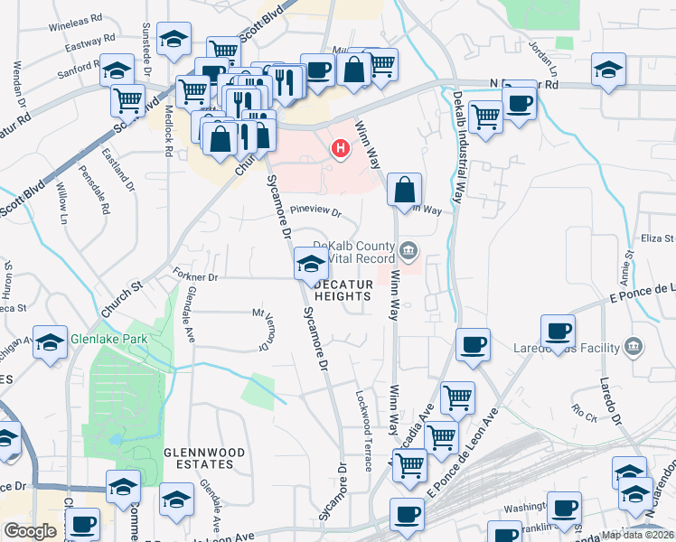 map of restaurants, bars, coffee shops, grocery stores, and more near in Decatur