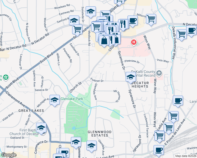 map of restaurants, bars, coffee shops, grocery stores, and more near 4 Old Decatur Circle in Decatur