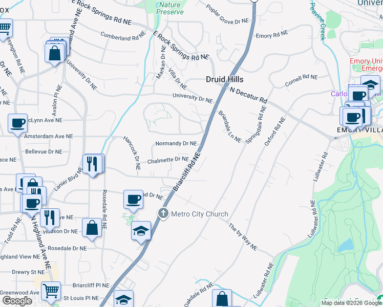 map of restaurants, bars, coffee shops, grocery stores, and more near 1151 Briarcliff Road Northeast in Atlanta