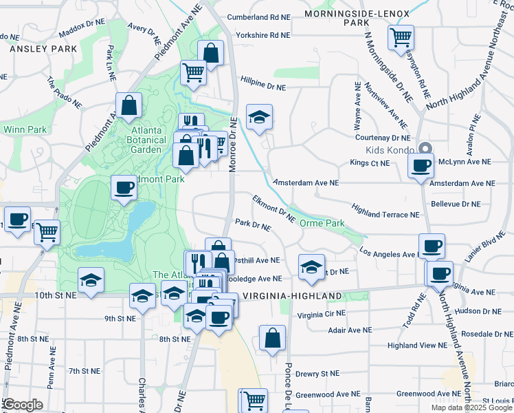map of restaurants, bars, coffee shops, grocery stores, and more near 1152 Orme Circle Northeast in Atlanta