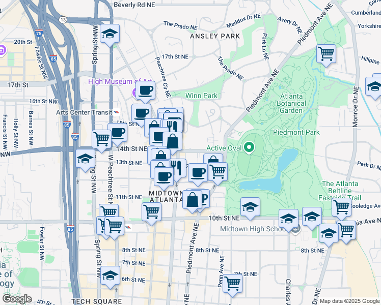 map of restaurants, bars, coffee shops, grocery stores, and more near 195 14th Street Northeast in Atlanta