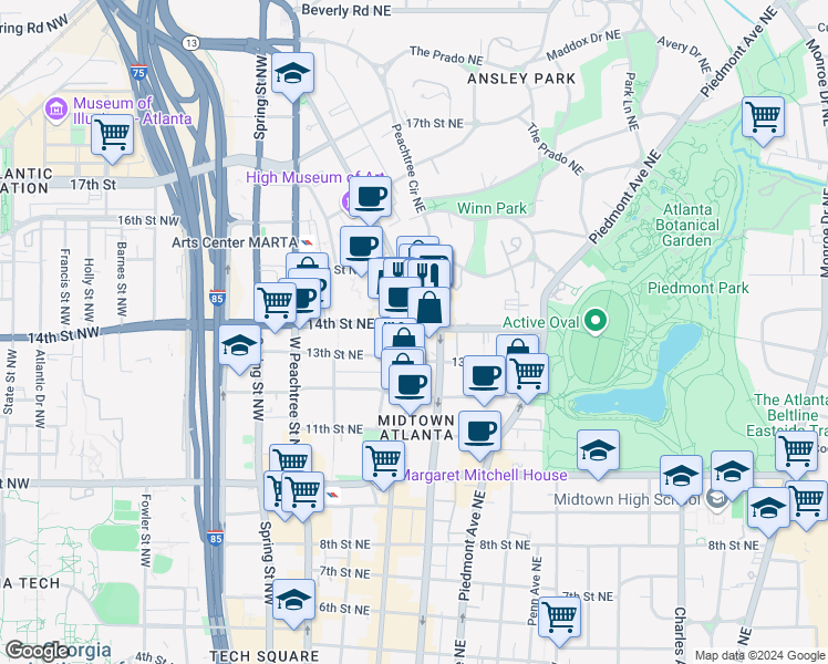 map of restaurants, bars, coffee shops, grocery stores, and more near in Atlanta