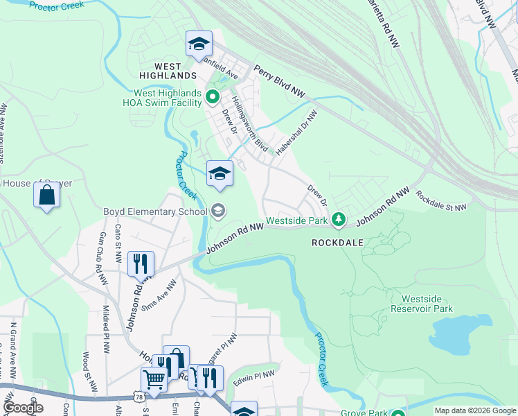 map of restaurants, bars, coffee shops, grocery stores, and more near 1526 Habershal Road Northwest in Atlanta