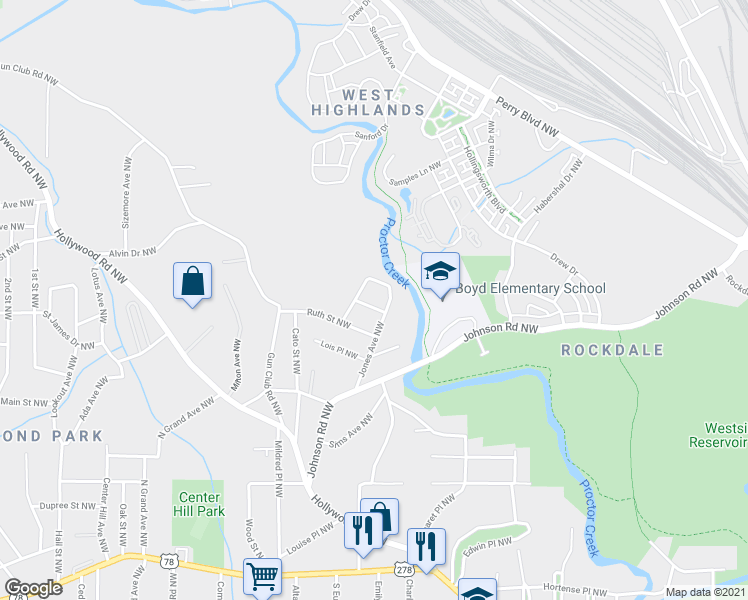 map of restaurants, bars, coffee shops, grocery stores, and more near 1976 East Avenue Northwest in Atlanta