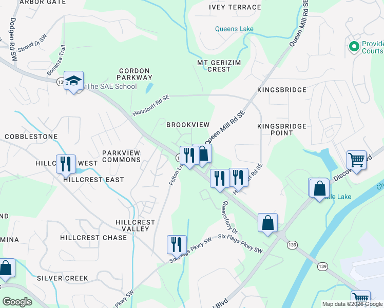 map of restaurants, bars, coffee shops, grocery stores, and more near 6925 Slate Stone Way Southeast in Mableton