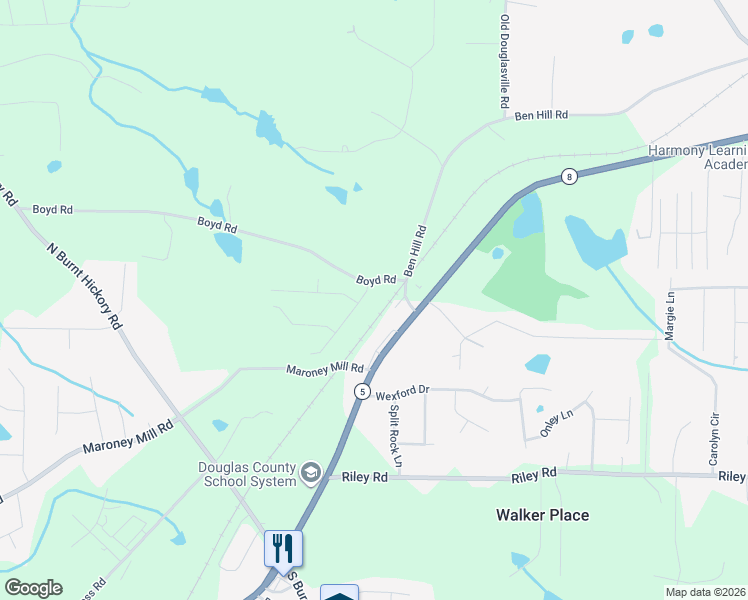 map of restaurants, bars, coffee shops, grocery stores, and more near 710 Walkingstick Drive in Douglasville