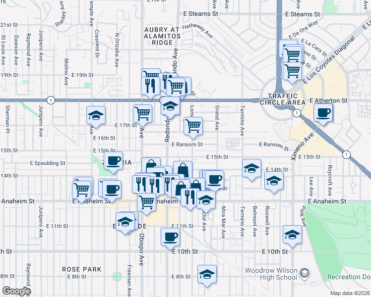 map of restaurants, bars, coffee shops, grocery stores, and more near 1509 Loma Avenue in Long Beach