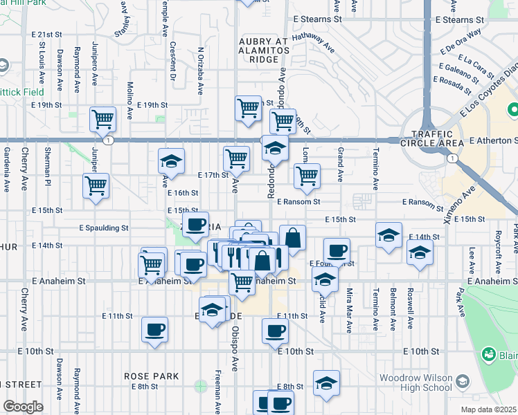 map of restaurants, bars, coffee shops, grocery stores, and more near 3310 East Ransom Street in Long Beach