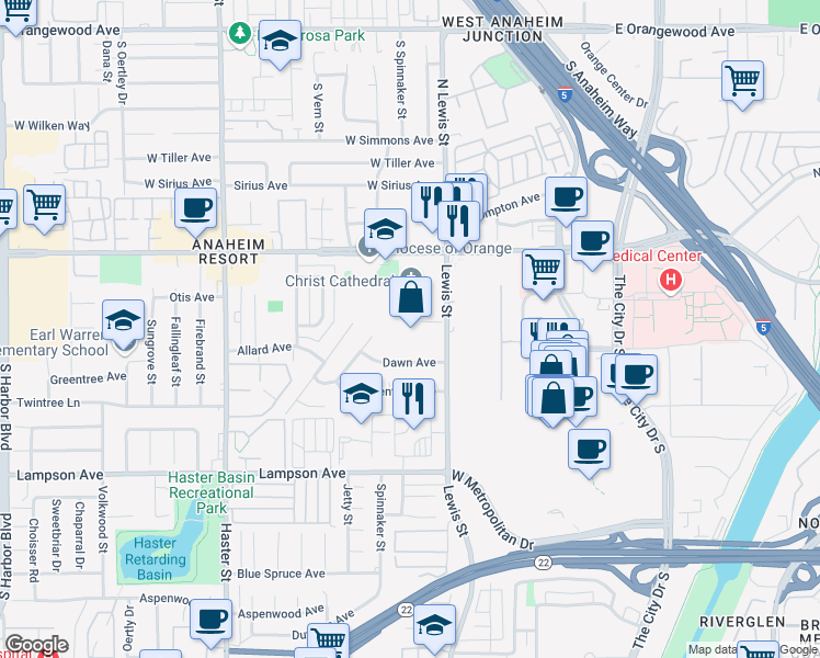 map of restaurants, bars, coffee shops, grocery stores, and more near 12141 S Lewis St in Garden Grove