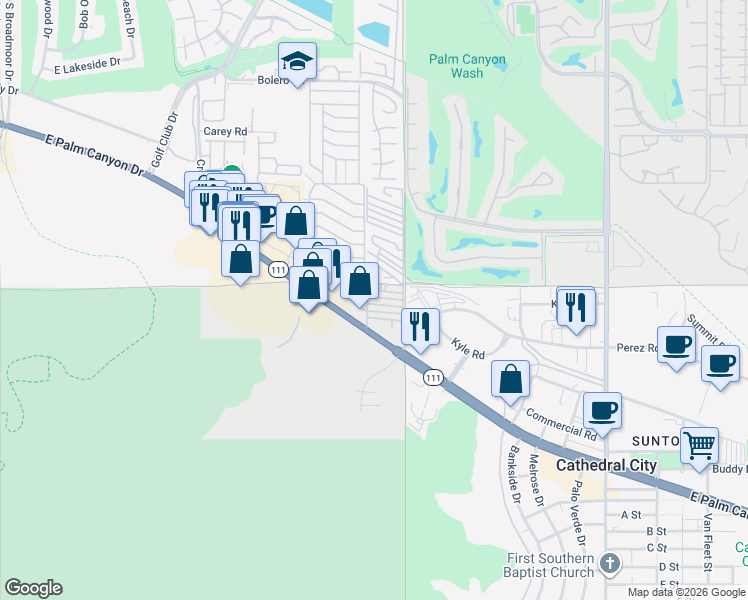 map of restaurants, bars, coffee shops, grocery stores, and more near 3 Hoover in Cathedral City