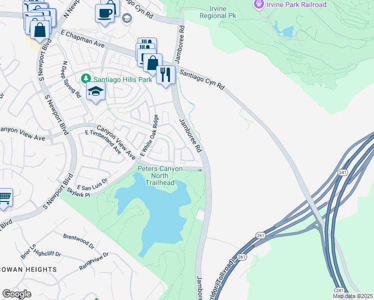 map of restaurants, bars, coffee shops, grocery stores, and more near 211 South Grisly Canyon Drive in Orange
