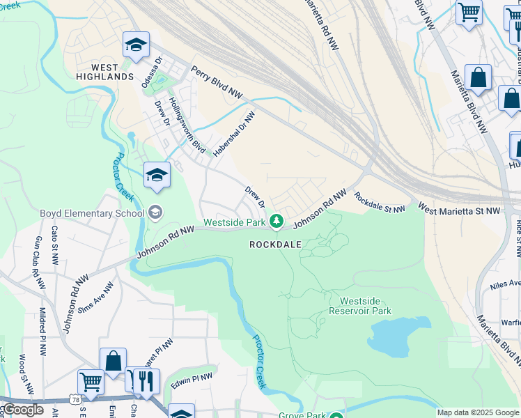 map of restaurants, bars, coffee shops, grocery stores, and more near 1512 Drew Drive in Atlanta