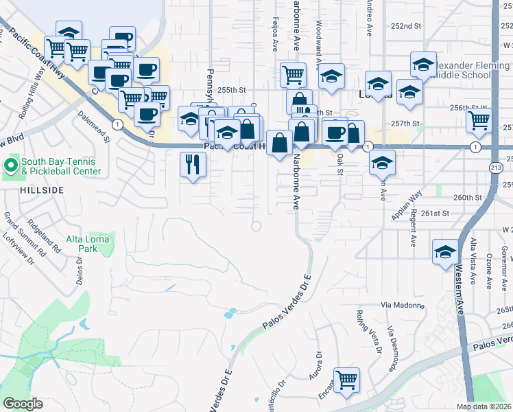 map of restaurants, bars, coffee shops, grocery stores, and more near 26018 Cypress Street in Lomita