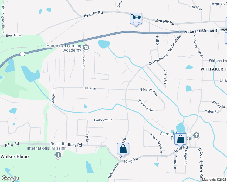 map of restaurants, bars, coffee shops, grocery stores, and more near 4332 Clare Lane in Lithia Springs