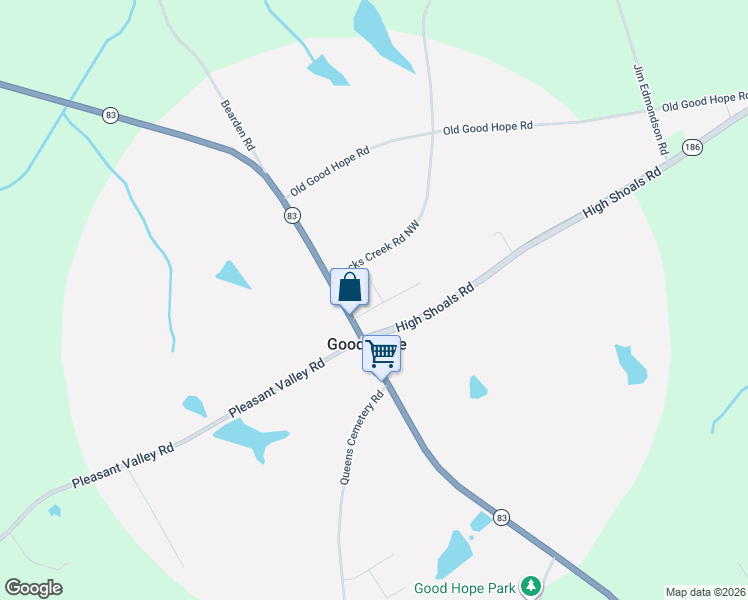 map of restaurants, bars, coffee shops, grocery stores, and more near 124 High Shoals Road in Good Hope