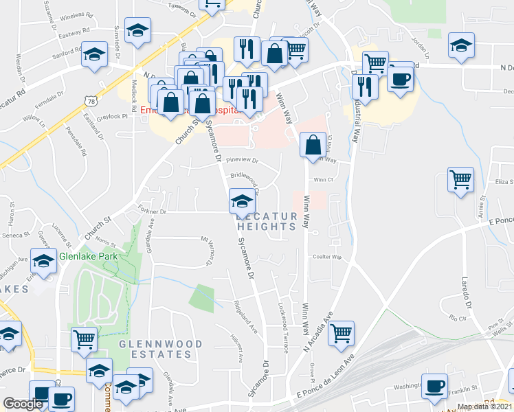 map of restaurants, bars, coffee shops, grocery stores, and more near 474 Bridlewood Circle in Decatur