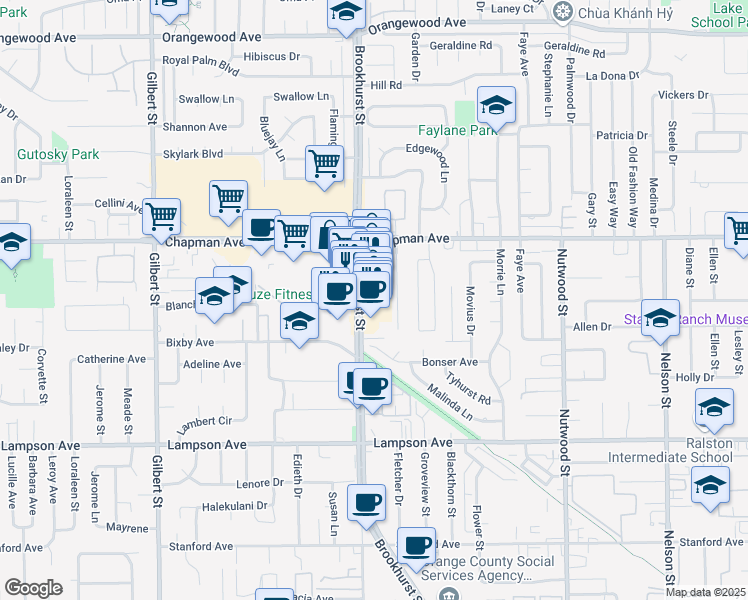 map of restaurants, bars, coffee shops, grocery stores, and more near in Garden Grove