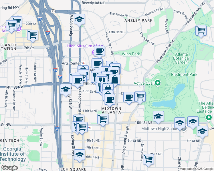 map of restaurants, bars, coffee shops, grocery stores, and more near 1170 Peachtree Street Northeast in Atlanta