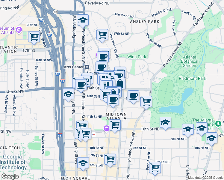 map of restaurants, bars, coffee shops, grocery stores, and more near 1170 Peachtree Street Northeast in Atlanta