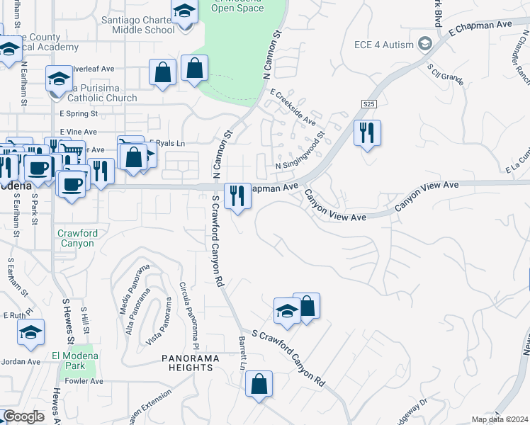 map of restaurants, bars, coffee shops, grocery stores, and more near 5730 East Rocking Horse Way in Orange