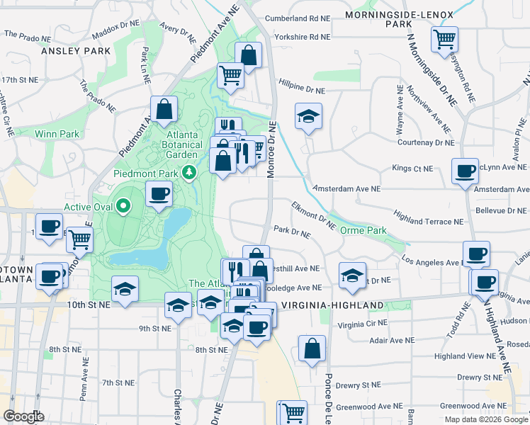 map of restaurants, bars, coffee shops, grocery stores, and more near in Atlanta