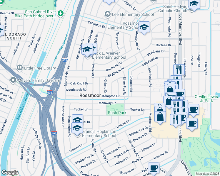 map of restaurants, bars, coffee shops, grocery stores, and more near 12141 Ballantine Drive in Los Alamitos