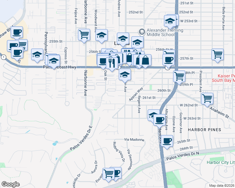 map of restaurants, bars, coffee shops, grocery stores, and more near 2029 Garner Street in Lomita