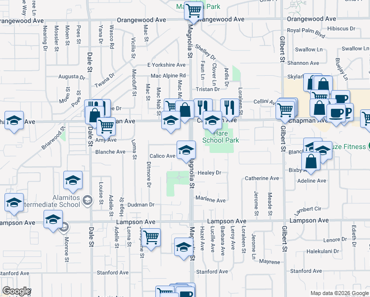 map of restaurants, bars, coffee shops, grocery stores, and more near 8962 Blossom Avenue in Garden Grove