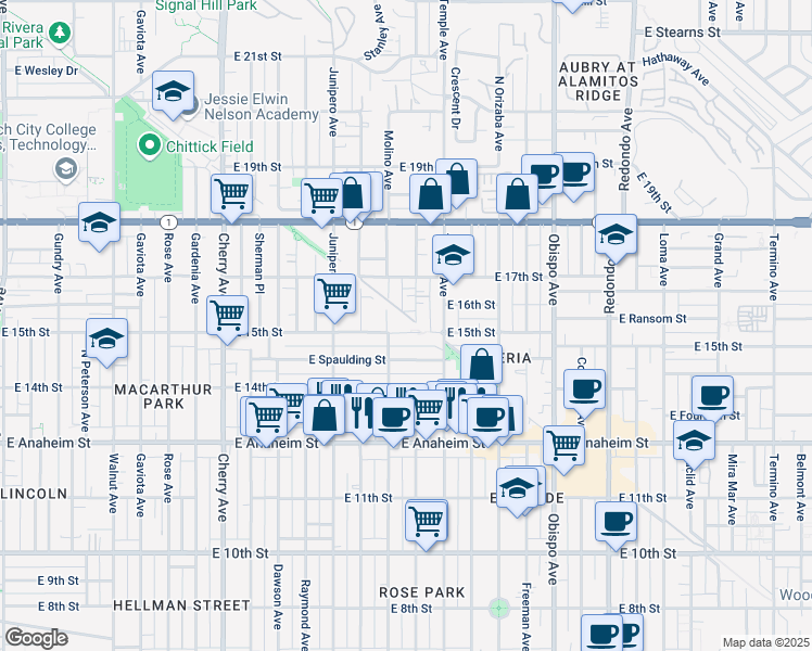 map of restaurants, bars, coffee shops, grocery stores, and more near 2619 East 15th Street in Long Beach