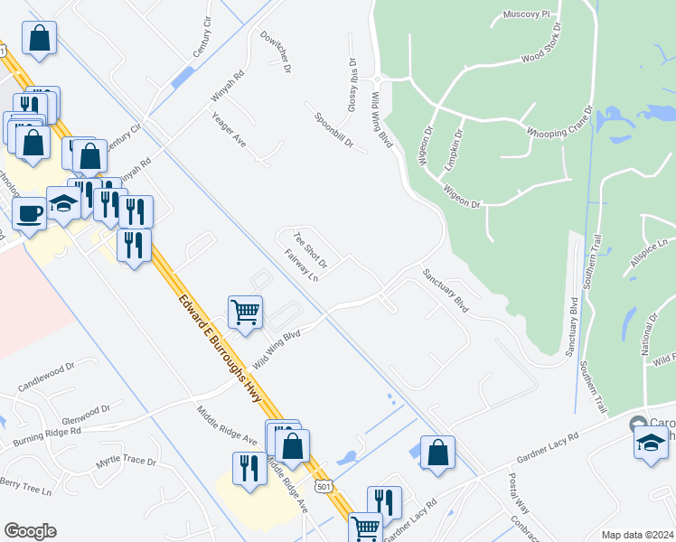 map of restaurants, bars, coffee shops, grocery stores, and more near 1184 Fairway Lane in Conway