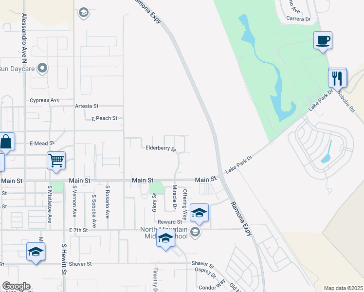 map of restaurants, bars, coffee shops, grocery stores, and more near 180 Boxelder Way in San Jacinto