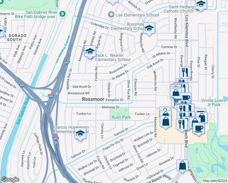 map of restaurants, bars, coffee shops, grocery stores, and more near 12141 Ballantine Drive in Los Alamitos