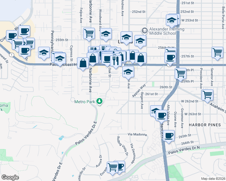 map of restaurants, bars, coffee shops, grocery stores, and more near 2081 261st Street in Lomita