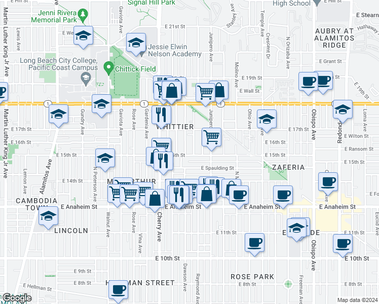 map of restaurants, bars, coffee shops, grocery stores, and more near 1503 Stanton Place in Long Beach