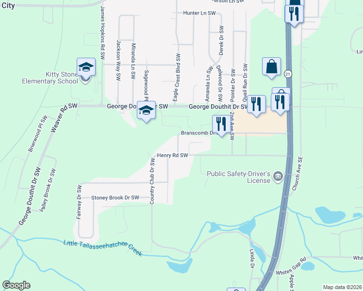 map of restaurants, bars, coffee shops, grocery stores, and more near 1406 Greenview Way Southwest in Jacksonville