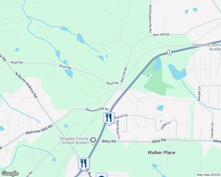 map of restaurants, bars, coffee shops, grocery stores, and more near 710 Walkingstick Drive in Douglasville