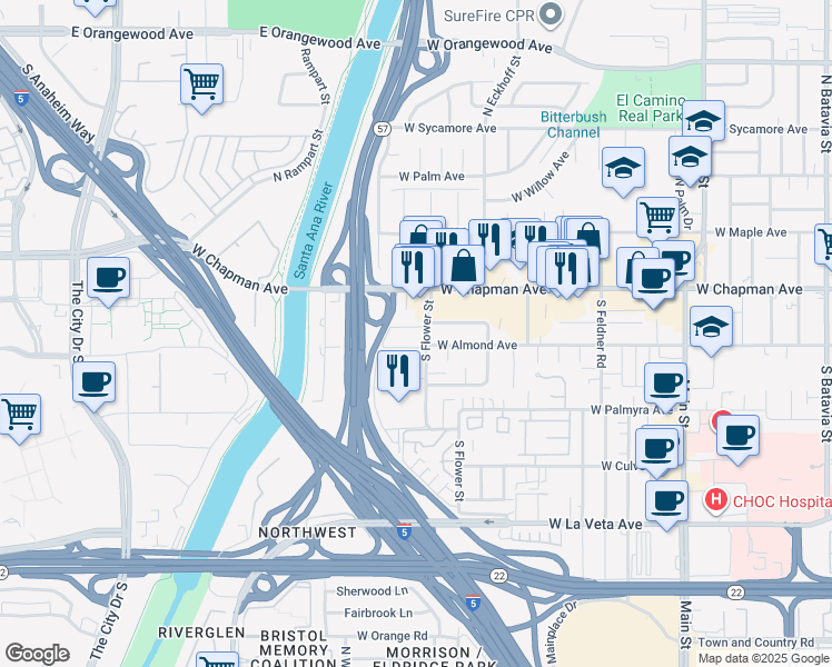 map of restaurants, bars, coffee shops, grocery stores, and more near 254 South Flower Street in Orange