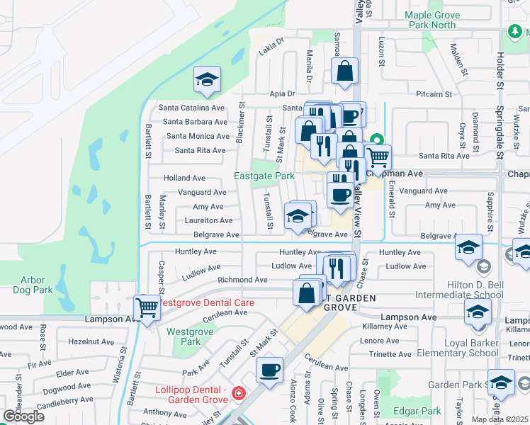 map of restaurants, bars, coffee shops, grocery stores, and more near 12131 Tunstall Street in Garden Grove