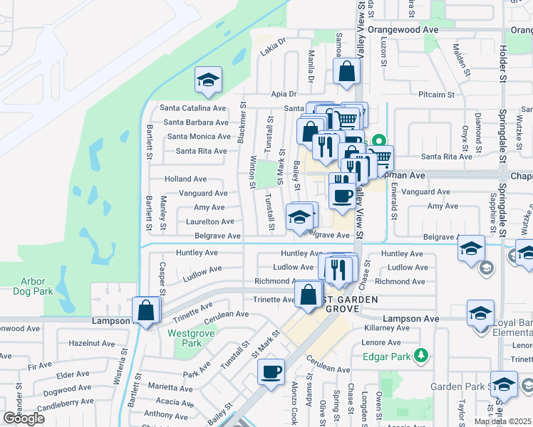 map of restaurants, bars, coffee shops, grocery stores, and more near 12131 Tunstall Street in Garden Grove