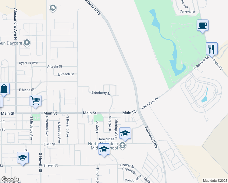 map of restaurants, bars, coffee shops, grocery stores, and more near 180 Boxelder Way in San Jacinto