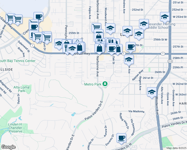 map of restaurants, bars, coffee shops, grocery stores, and more near 26031 Lucille Avenue in Lomita