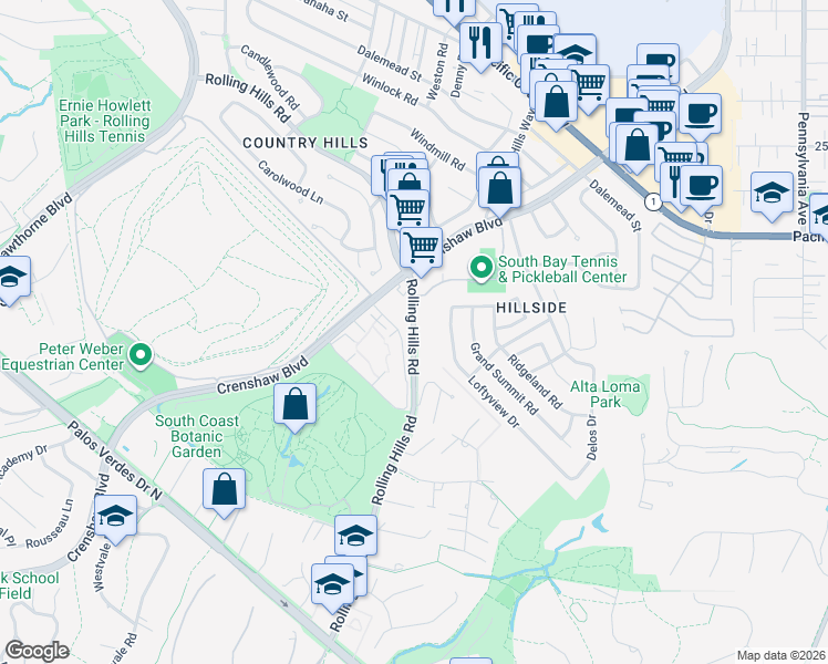 map of restaurants, bars, coffee shops, grocery stores, and more near 3604 West Estates Lane in Rolling Hills Estates