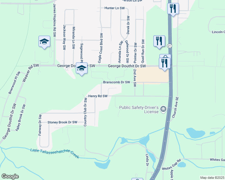 map of restaurants, bars, coffee shops, grocery stores, and more near 1477 Bailee Way Southwest in Jacksonville