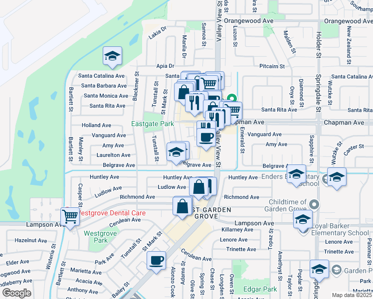 map of restaurants, bars, coffee shops, grocery stores, and more near 12119 Stonegate Lane in Garden Grove