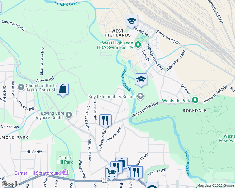 map of restaurants, bars, coffee shops, grocery stores, and more near 1975 East Avenue Northwest in Atlanta